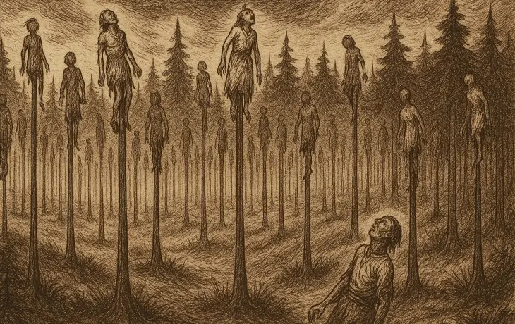 Kazığa oturtulmuş insanların karanlık bir ormanda sıralandığı, Vlad Tepeş dönemindeki “Kazıklı Ormanı”nı betimleyen ürpertici bir çizim.